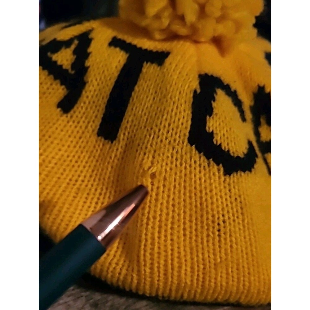 Vintage Caterpillar CAT Knit Cap Brimmed Newsboy Beanie Pom Pom OSFA OSFM Hat - Picture 6 of 6